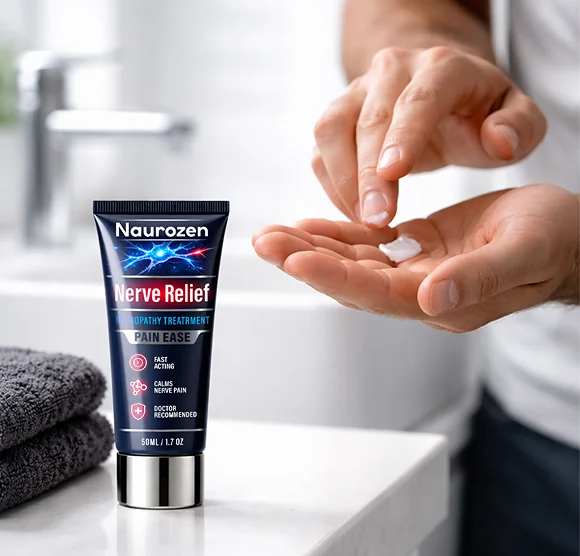 Naurozen tube placeret på en håndvask ved siden af en hånd, der får en klat creme